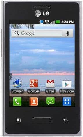 LG Optimus Logic front view showing home screen with Google search bar, app icons, and status display at 2:28 PM
