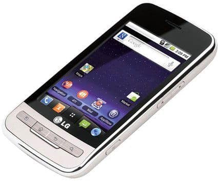 LG Optimus M front view, white smartphone with purple Android home screen and app icons visible