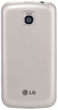 LG Optimus M smartphone, rear view, showing white plastic back with camera lens and LG logo