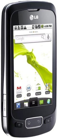 LG Optimus One front view, showing black phone with Google search bar and app icons on screen