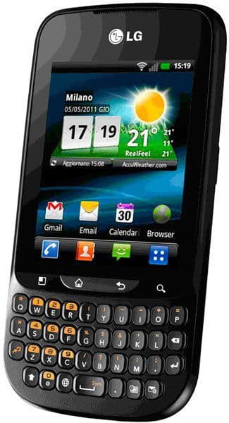 Front view of black LG Optimus Pro showing QWERTY keyboard, touchscreen with weather, date, time, and common app icons.