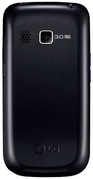 Rear view of black LG Optimus Pro showing 3.0 MP camera, speaker grille, and LG logo at the bottom.