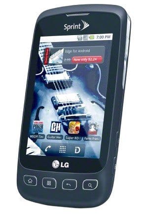 LG Optimus S front view with screen displaying guitar imagery and Sprint branding, four physical buttons below screen