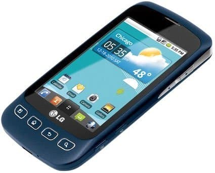 LG Optimus U smartphone, front view, displaying weather app with blue screen and physical buttons below display