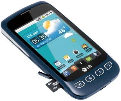 LG Optimus U smartphone shown from front angle, blue casing with weather app displayed on screen and hardware buttons below