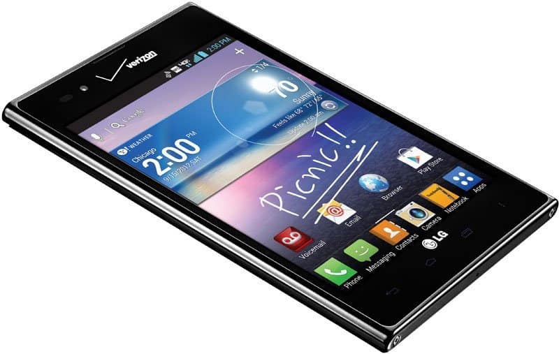 LG Intuition smartphone front view displaying home screen with weather widget and app icons