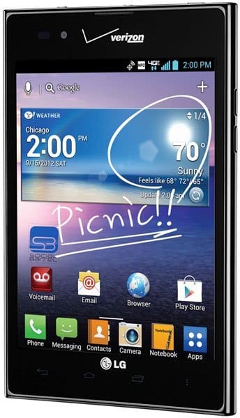 LG Intuition smartphone front view displaying home screen with weather widget, app icons, and "Picnic" wallpaper