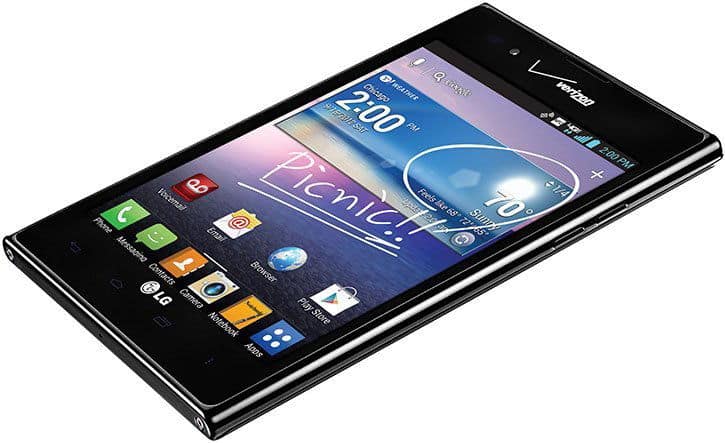 LG Intuition smartphone, front view, displaying home screen with app icons and time display