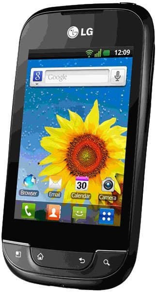 LG Optimus Net front view, displaying home screen with sunflower wallpaper and app icons including Browser, Email, Calendar, and Camera
