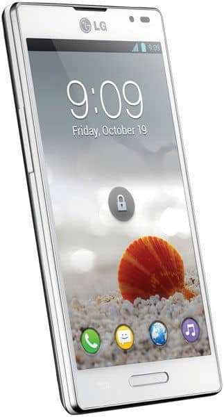 Front view of white LG Optimus L9 showing lock screen, time 9:09, date Oct 19, and seashell background with four app icons.