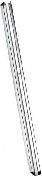 Side view of a thin, closed silver laptop set diagonally on a white background, hinge at bottom, top edge facing up.