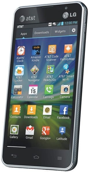 LG Escape smartphone displaying home screen with app grid including Alarm Clock, Amazon Kindle, AT&T Code Scanner, Family Map, and other applications