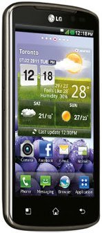 LG Optimus LTE smartphone displayed front-on, showing home screen with weather widget and app icons
