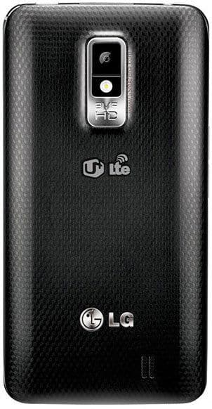 LG Optimus LTE rear view, black textured back with dual camera and flash, LG logo visible
