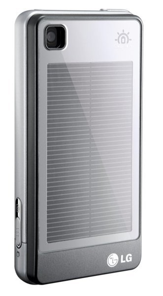 Rear view of LG Pop showing rectangular solar panel, top-left camera, bottom LG branding, and visible side buttons.