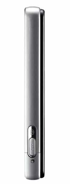 LG Pop flip phone in silver and black shown closed from the side, camera button and charging port visible near the bottom.