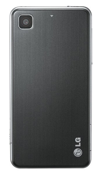 Rear view of black LG Pop smartphone showing single rear camera (top left), LG logo (bottom right), and brushed metal finish.