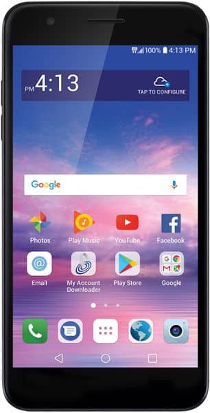 LG Premier Pro smartphone front view displaying home screen with time 4:13 PM, Google search bar, and app icons including Photos, Play Music, YouTube, and Facebook