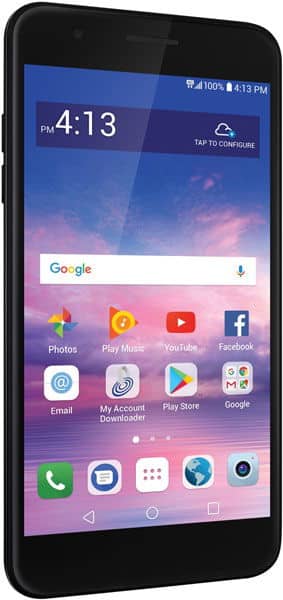 LG Premier Pro smartphone front view displaying home screen with Google search bar, app icons, and time 4:13 PM