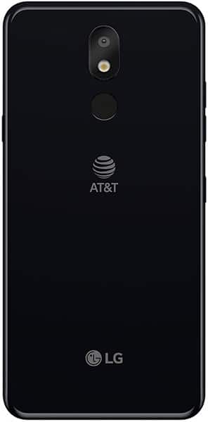 LG Prime 2 rear view, black phone with dual camera, fingerprint sensor, and AT&T branding