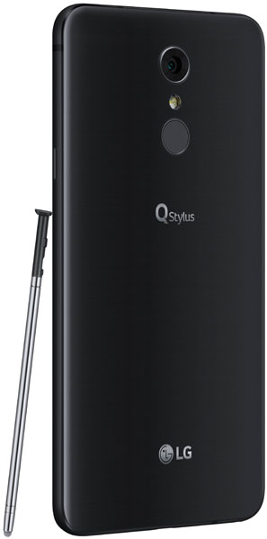 LG Stylo 4 rear view in black with stylus pen shown beside it