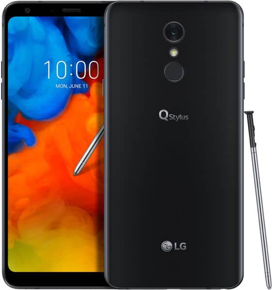 LG Stylo 4 front and back view, black phone with stylus, displaying colorful lock screen at 10:00 AM