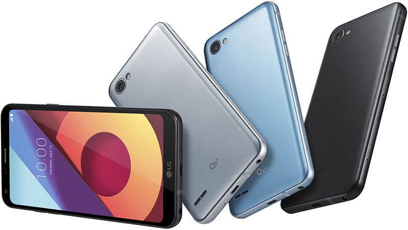 LG Q6 phones shown: front view with home screen, rear views in silver, blue, and black. All feature single cameras and rounded edges.