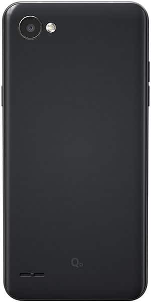 Rear view of black LG Q6 showing single camera with flash (top left), speaker grille (bottom), and "Q6" logo (lower center).