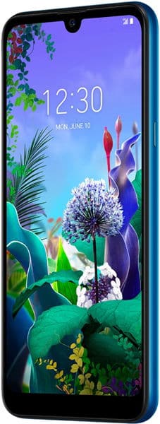 LG Q60 front view with blue casing, displaying colorful nature wallpaper on screen at 12:30