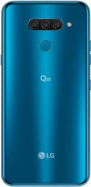 LG Q60 rear view showing triple camera setup, fingerprint sensor, and blue gradient finish with LG branding