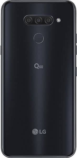 LG Q60 rear view, black smartphone with triple rear cameras and fingerprint sensor