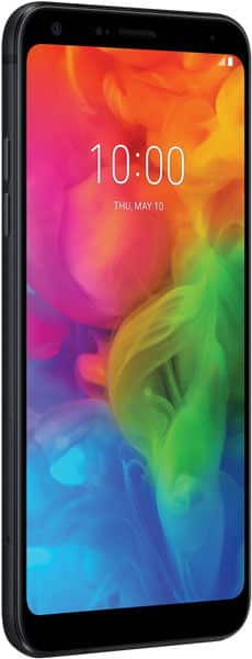 LG Q7 smartphone, front view, displaying colorful gradient wallpaper with time and date on screen