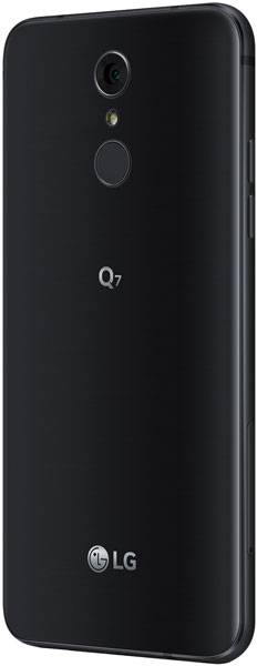 LG Q7 rear view showing camera, fingerprint sensor, and black glossy back panel