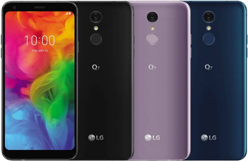 LG Q7 smartphone in four color variants: black, purple, and blue, shown front and rear views with colorful display