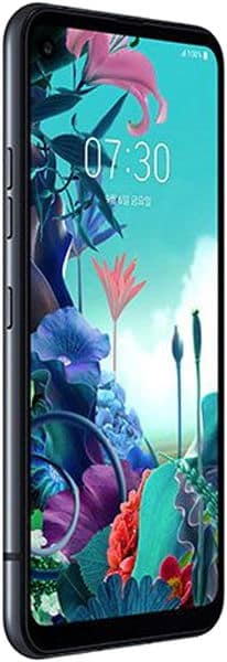 Front angled view of LG Q70 with thin black frame, showing 07:30 clock and vibrant floral wallpaper on display.