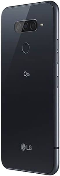 Rear angled view of black LG Q70 highlighting dual rear cameras, fingerprint sensor, side buttons, and LG Q70 logo at bottom.