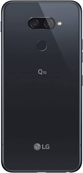 Rear view of black LG Q70 showing dual cameras, flash, fingerprint sensor, and LG logo at the bottom.