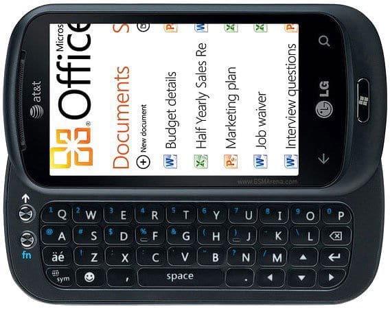 LG Quantum smartphone displayed front-on, showing Microsoft Office interface on screen with slide-out QWERTY keyboard below