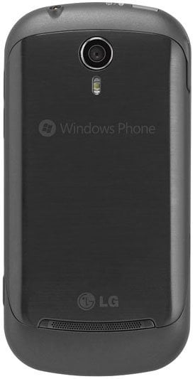 LG Quantum smartphone, rear view, showing black back panel with camera lens and Windows Phone branding
