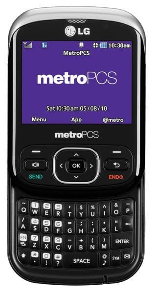 Front view of black LG Remarq slider open, QWERTY keyboard visible, MetroPCS screen with 10:30 am, May 8, 2010 displayed.