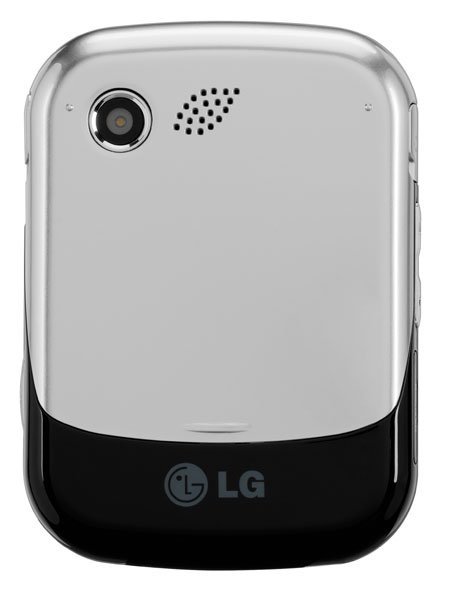 Rear view of LG Remarq in silver and black, showing camera lens, speaker grille, and LG logo at the bottom.
