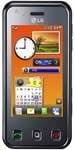 LG Renoir front view, touchscreen phone with orange and blue interface displaying clock and applications
