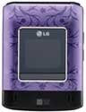 LG Reveal flip phone with purple textured exterior, black face, and silver trim, shown closed from front angle