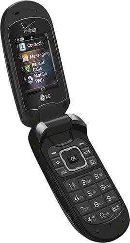 LG Revere 2 flip phone, open position, showing screen with menu options and numeric keypad below