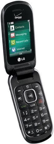 LG Revere 3 flip phone open, displaying green menu screen with Contacts, Messaging, Recent Calls, and Internet options