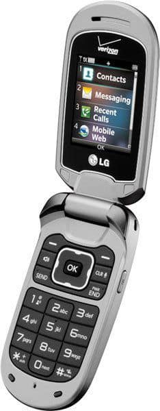 LG Revere flip phone open, displaying menu screen with Contacts, Messaging, Recent Calls, Mobile Web options