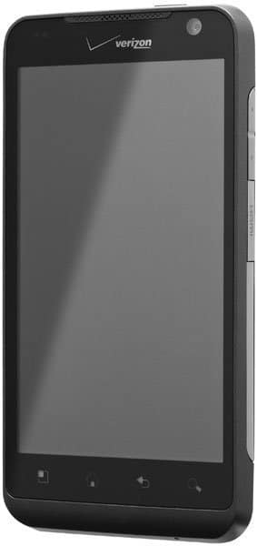 LG Revolution smartphone in black, Verizon-branded, front view at slight angle, with front camera and touch buttons visible.