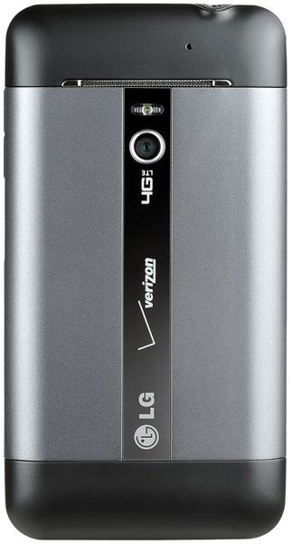 Rear view of LG Revolution showing Verizon 4G LTE branding, rear camera with flash, and black and silver panel design.