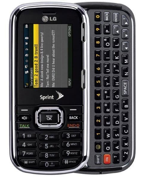 LG Rumor 2 front view with display screen showing menu and slide-out QWERTY keyboard on right side