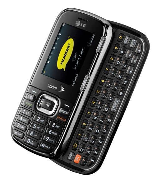 LG Rumor 2 open view showing screen and slide-out QWERTY keyboard with Sprint branding
